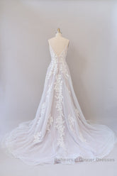 Long A-line Spaghetti Strap Lace Appliques Tulle Backless Wedding Dresses